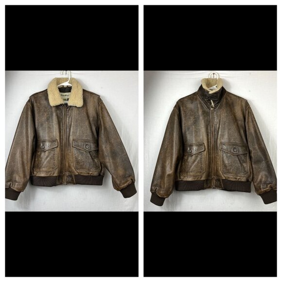 Vintage Eddie Bauer Leather Sherpa Bomber Jacket Sz Medium Cropped Distressed - Picture 1 of 16